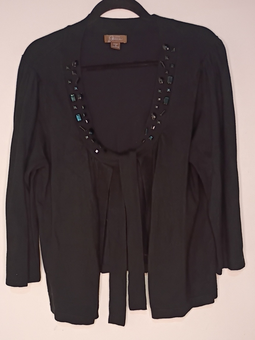 Jessica Black Open-Front Tie Sweater with Beaded Neckline 3/4 Sleeve